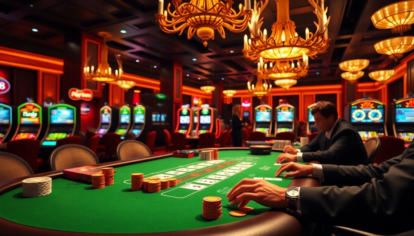 Players enjoying a luxurious blackjack game at a fly88 casino, illuminated by vibrant slot machines.