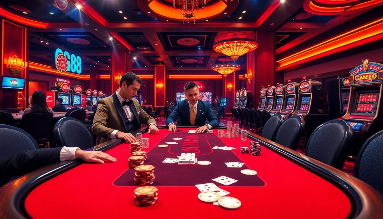 Play GG88 at the luxurious poker table featuring chips and cards in an exciting casino scene.