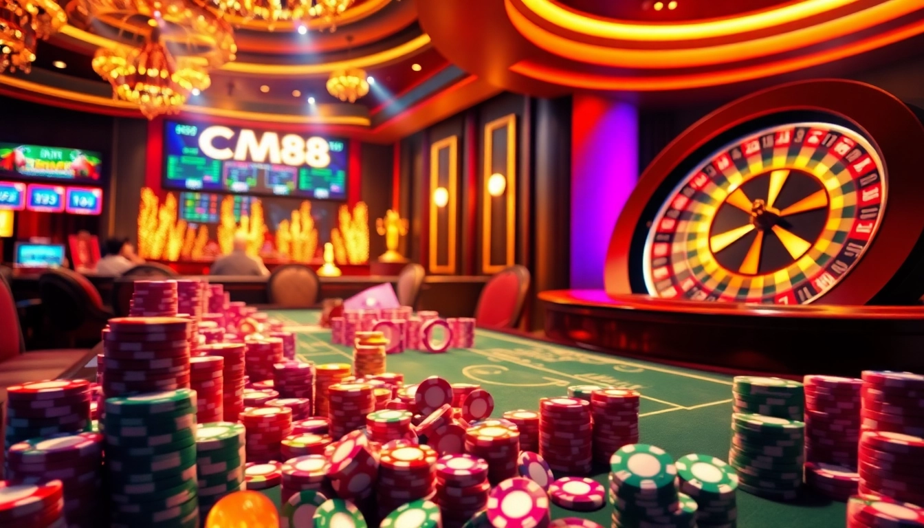 Engaging casino scene with CM88-themed gaming table, colorful poker chips, and immersive digital betting.