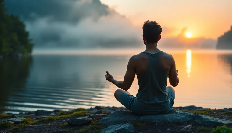 Person meditating by a lake to relieve stress and anxiety in a tranquil setting.