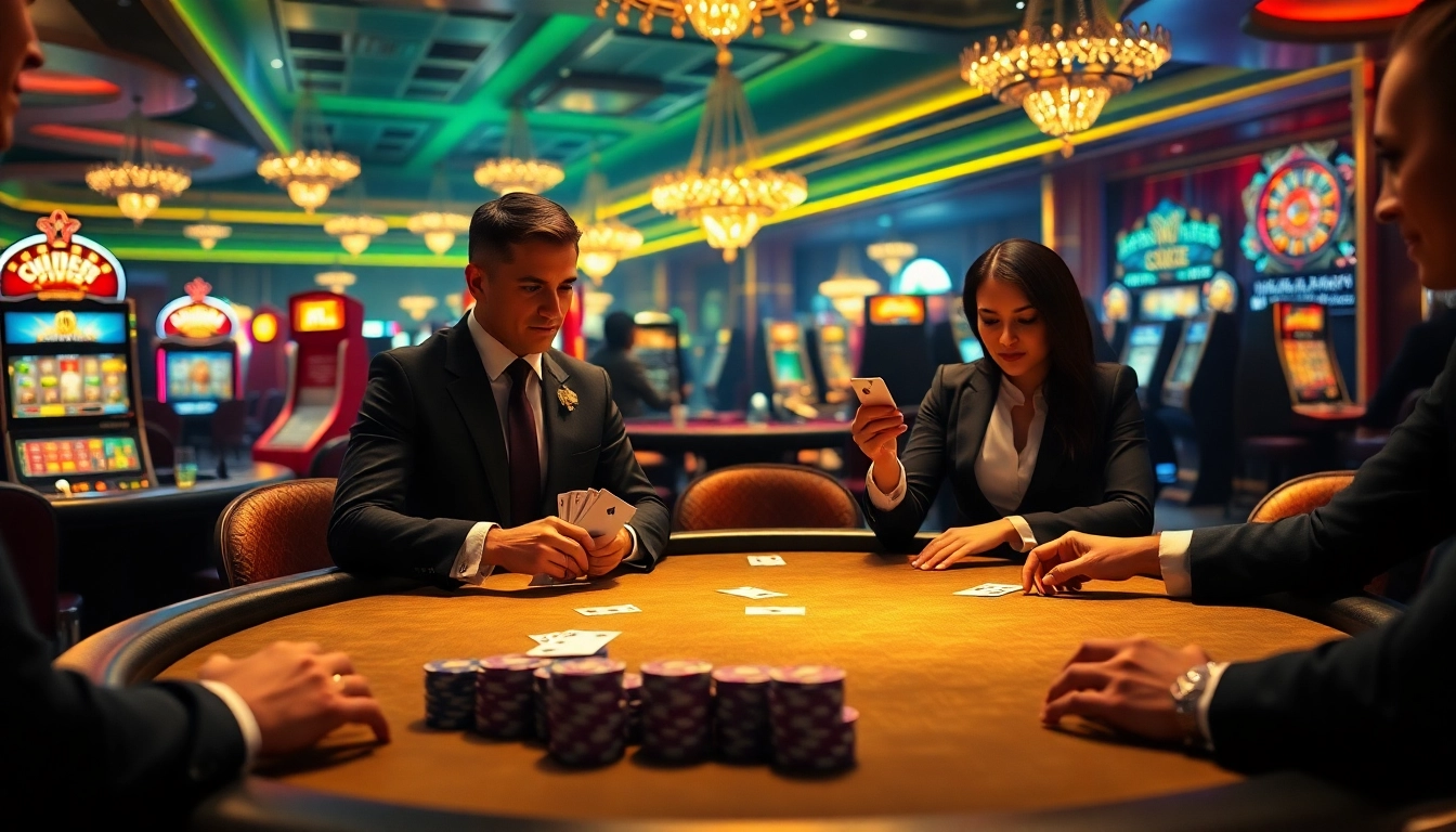 C168 poker players strategizing at a high-stakes table in a luxurious casino setting.