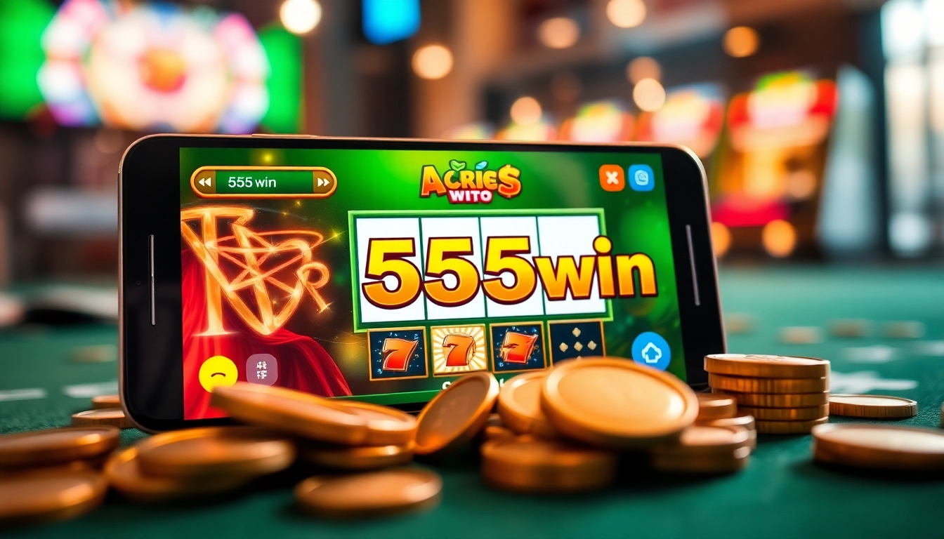 Engaging scene of the 555win app showcasing slot gaming excitement on a smartphone surrounded by coins and cards.