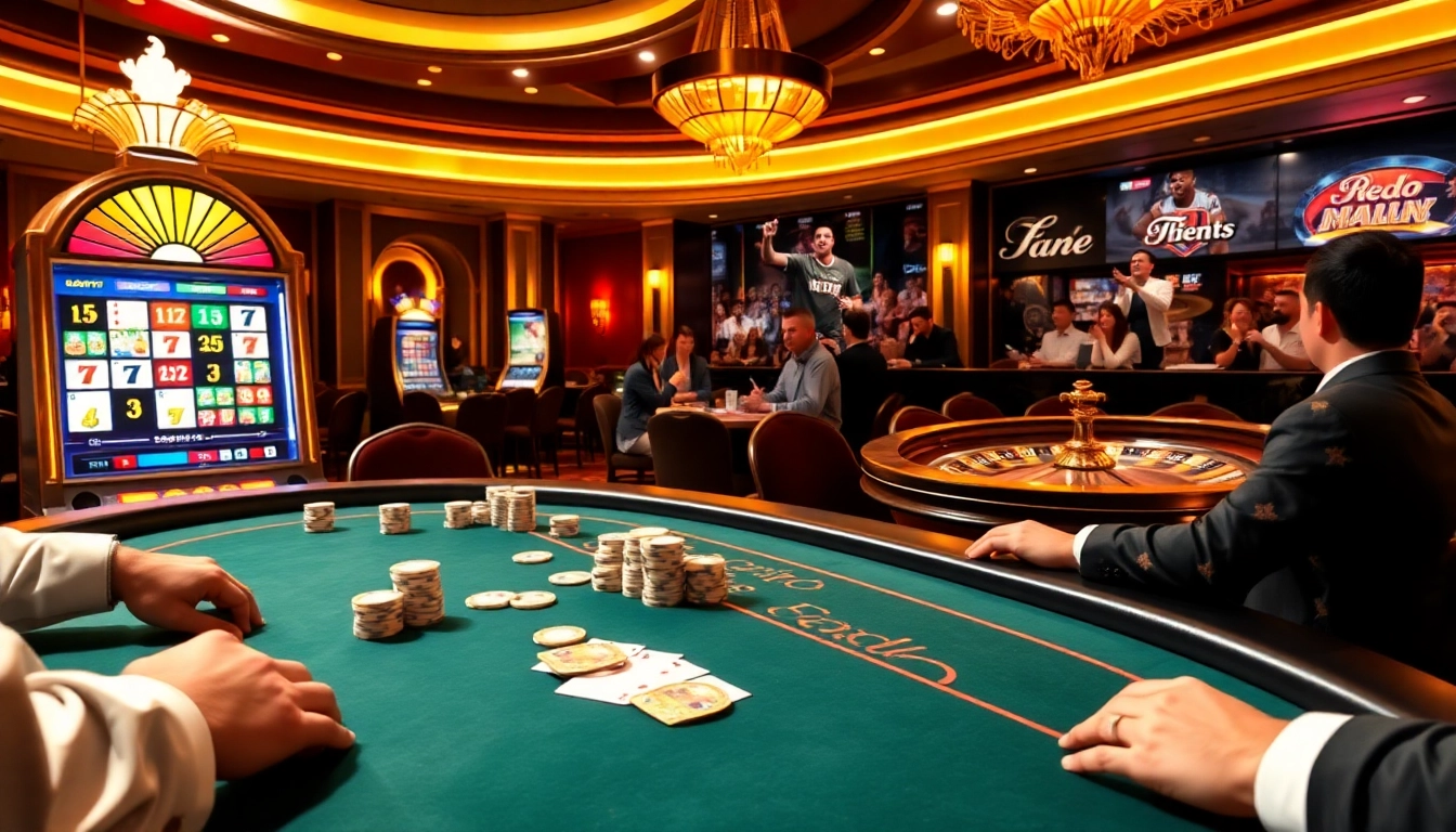 An exciting casino scene with a poker table, slot machines, and sports betting reflecting the vibrant atmosphere of https://9win1.online/.