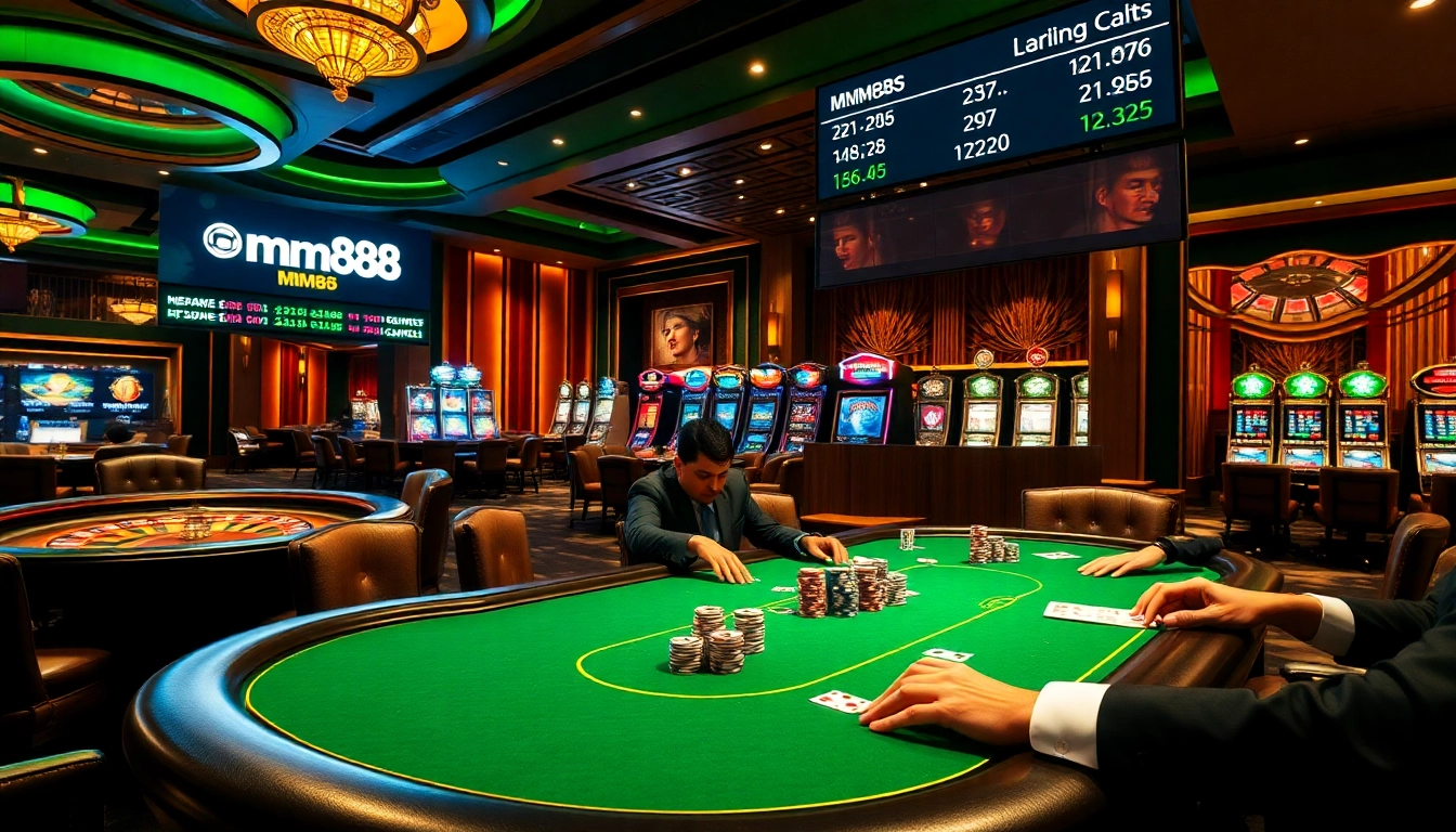 Exciting poker gameplay at mm88 casino, highlighting high-stakes action and vibrant atmosphere.