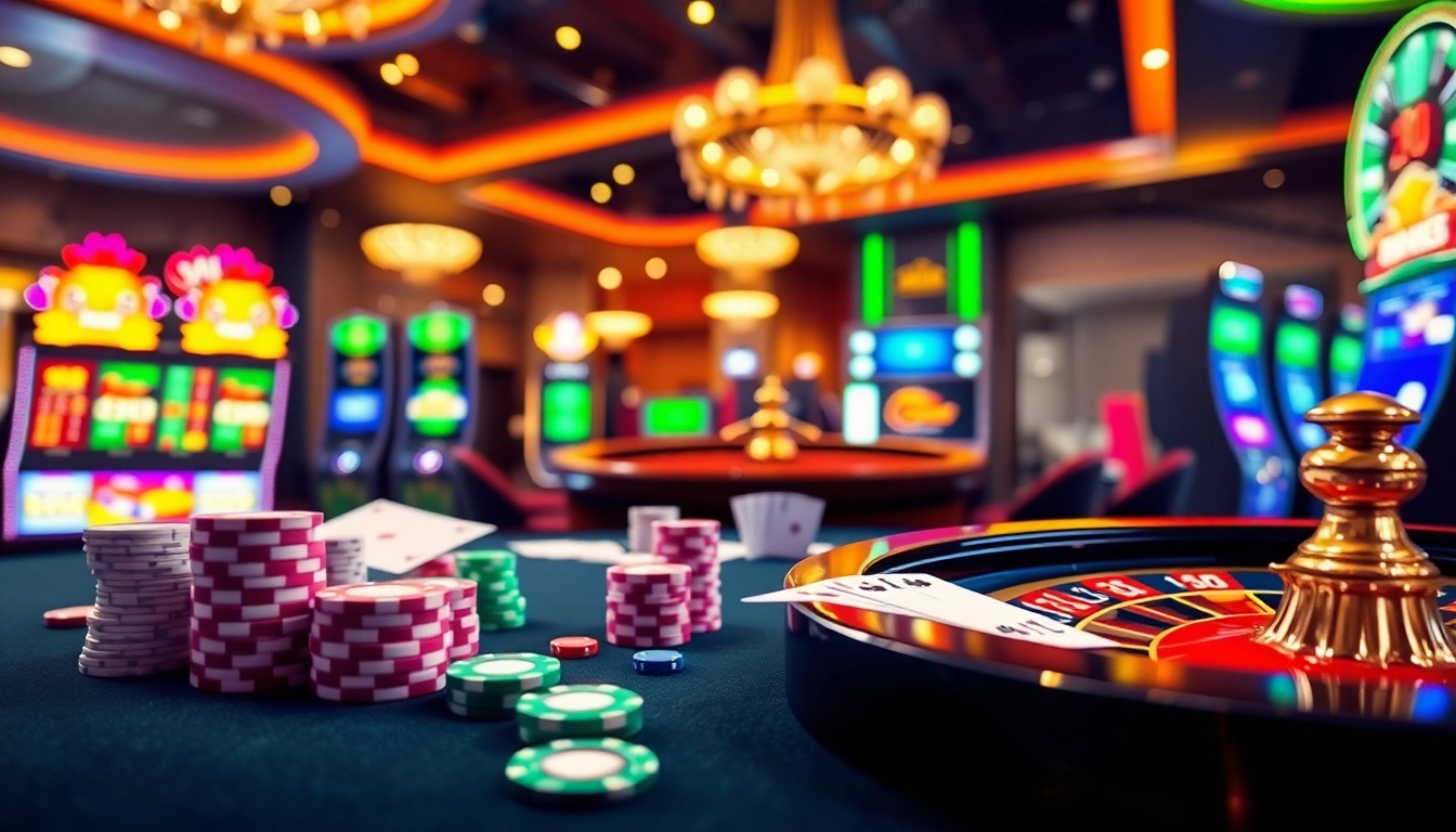 Experience the thrills of BJ66 today with vibrant poker chips and a roulette wheel in action.