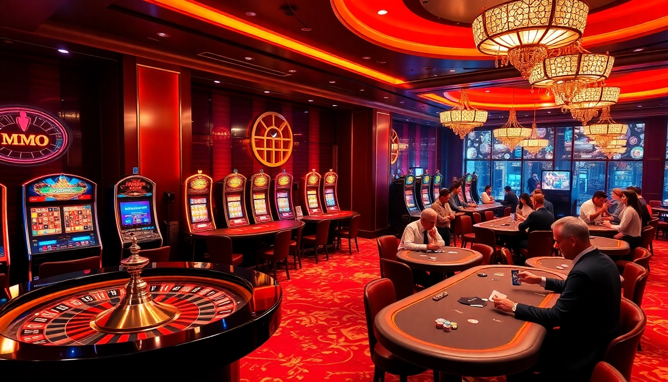 Players enjoying the vibrant atmosphere of mmoo casino with roulette and poker tables.