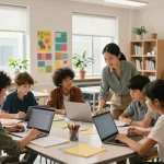 Active learning environment at https://da88.education/ with students collaborating on projects using laptops and tablets.