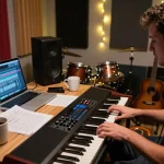 Musician immersed in creative process with VK88 organ in a cozy studio setting