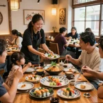 Diners enjoying vibrant dishes at RED88 restaurant with warm ambiance.