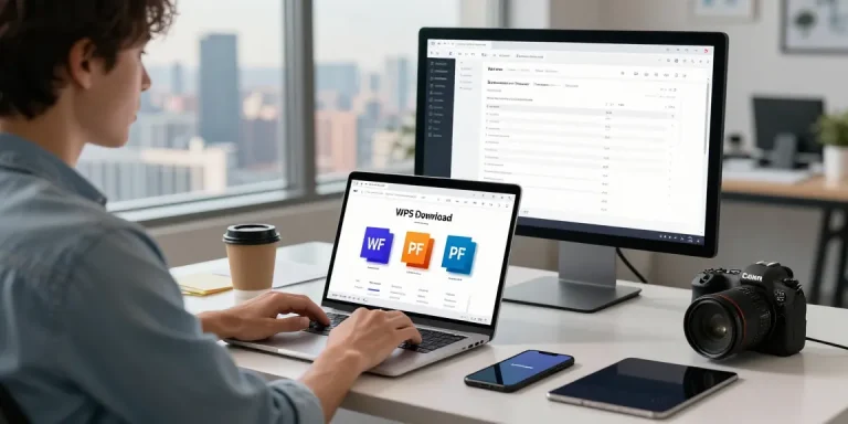 WPS Download in a vibrant digital workspace with modern tech setup.