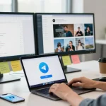 Download Telegram on a laptop in a modern tech workspace.