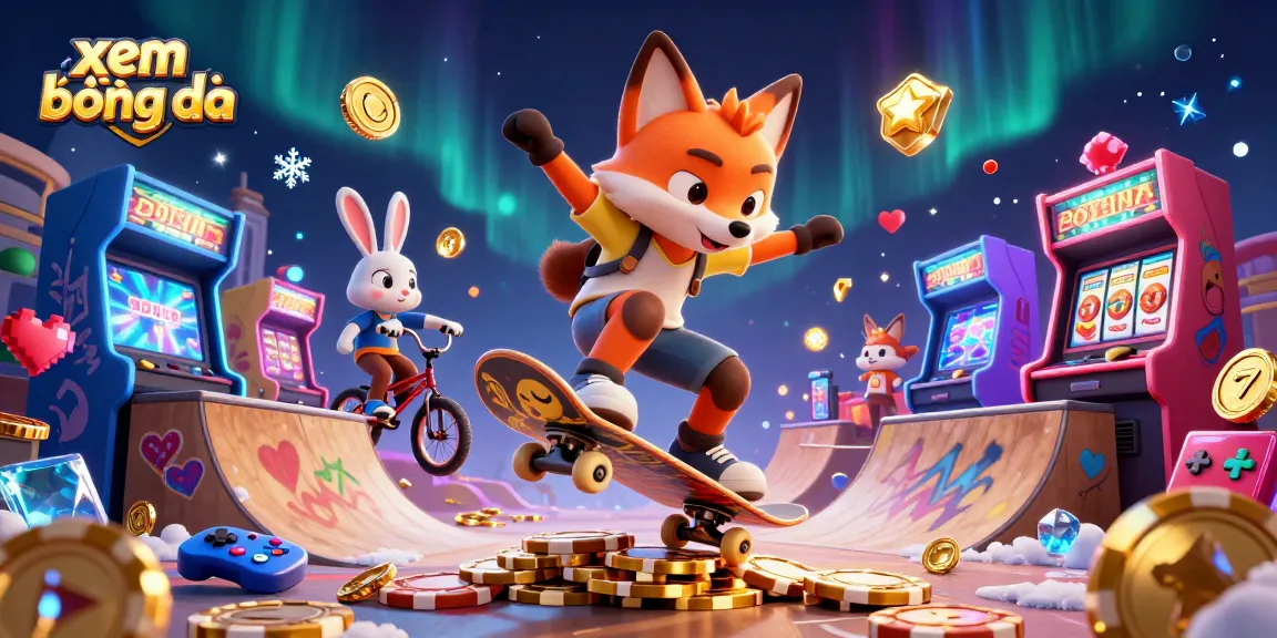 Xem bóng đá with vibrant casino-themed activities, featuring a playful fox and rabbit in a dynamic 3D scene.