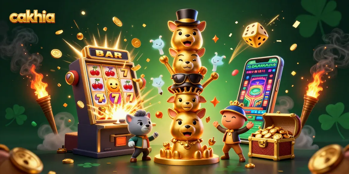 Cakhia platform showcasing a lively casino illustration with a totem pole and vibrant game elements bursting around.