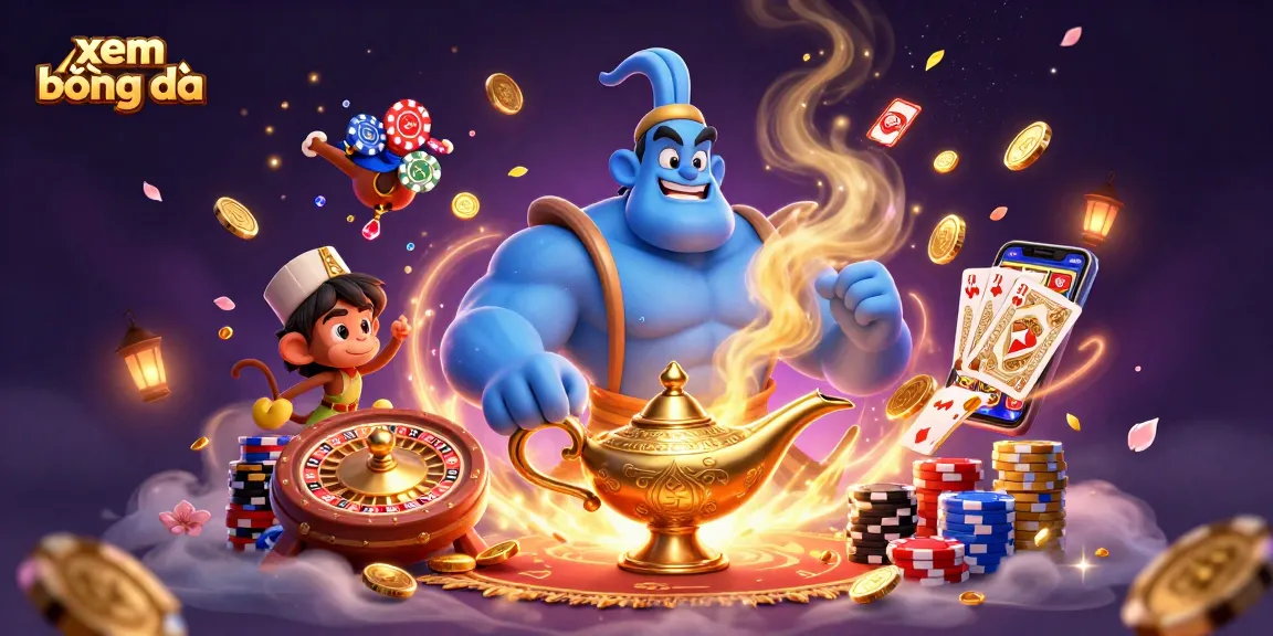 Xem bóng đá with a dynamic genie, poker elements, and vibrant gold visuals for an engaging online experience.