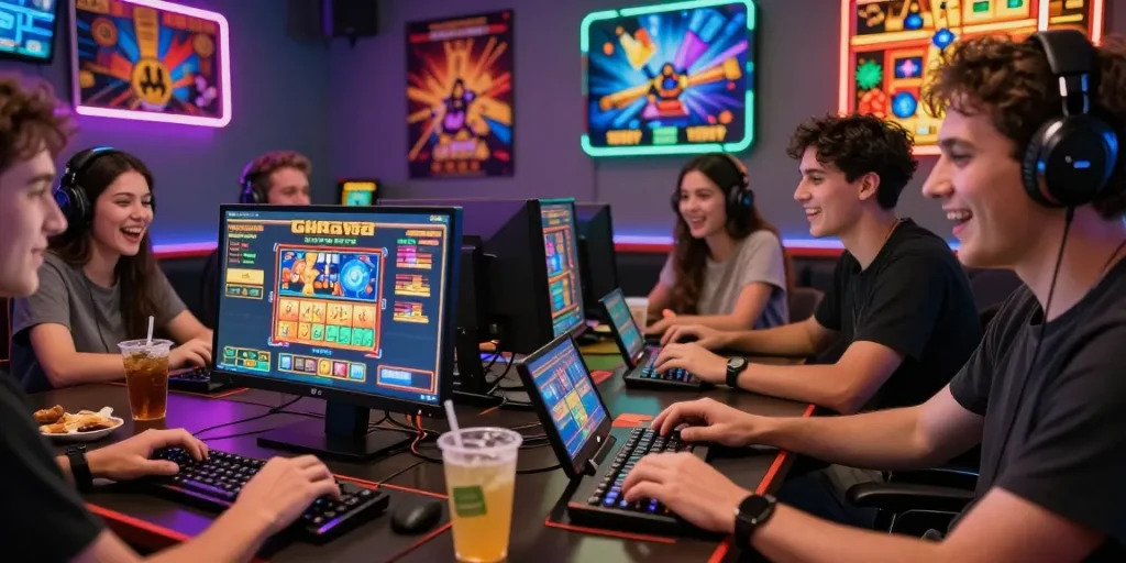 Friends enjoying slot gacor games together in a vibrant gaming room.