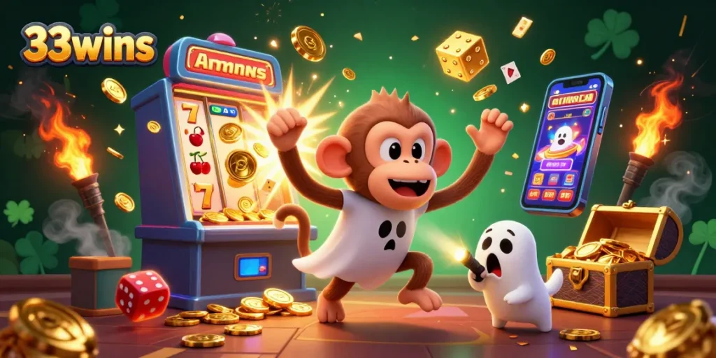 Experience the excitement of 33wins with a dynamic casino illustration featuring a magical poltergeist monkey and ghost-hunter puppy.
